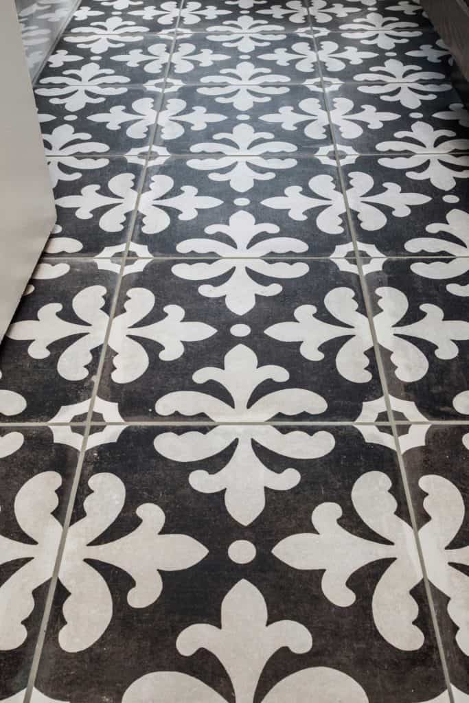 Recycled cement floor tiles with graphic pattern